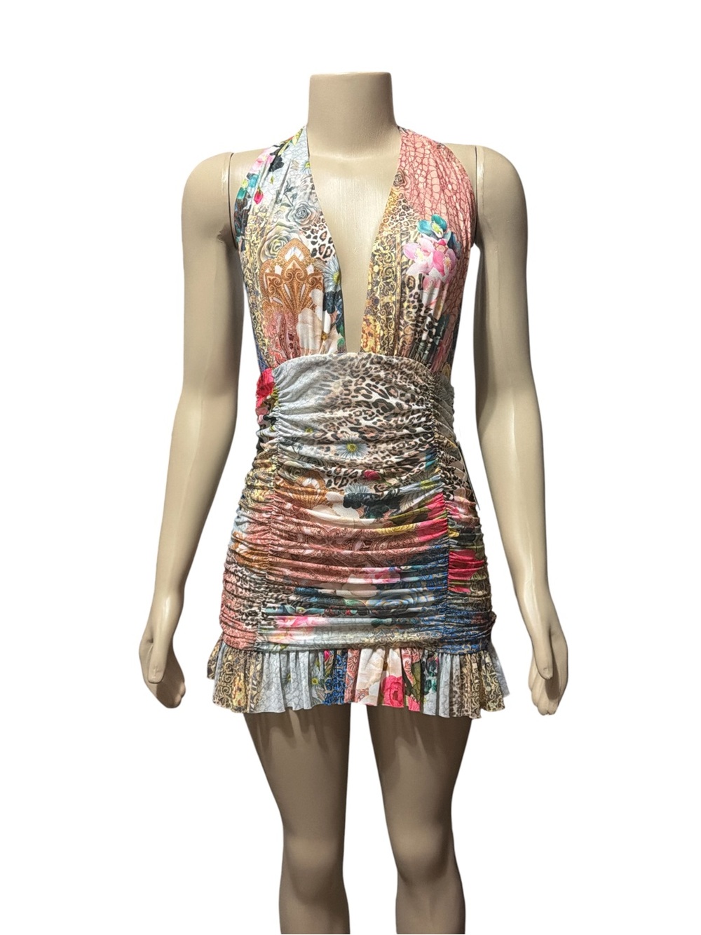 NWT AFRM Size XL Mel Halter Mesh Ruched Mini Dress Patchwork Open Back